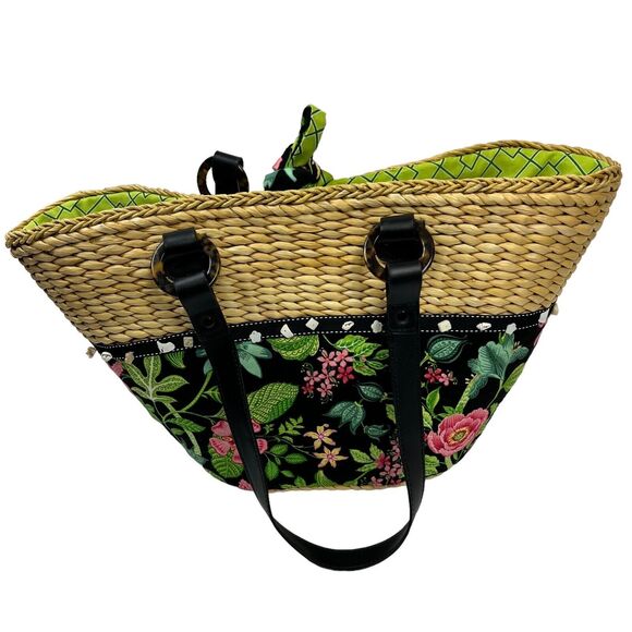 Vera Bradley Straw Beach Tote Bag Black Floral Capri Melon Tie - Picture 2 of 15